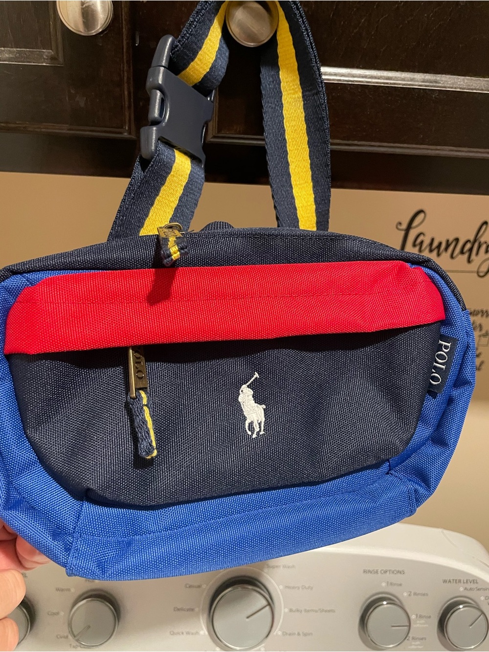 NWT Polo Ralph Lauren Navy, Red Green & Blue Belt Bag with Yellow-Striped Strap